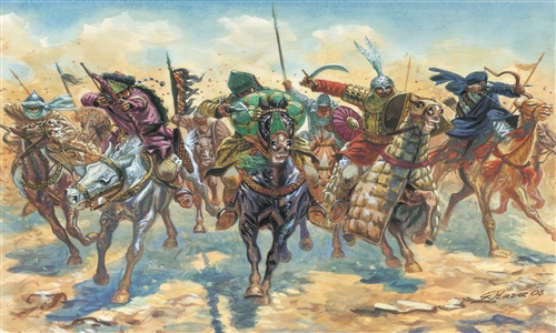 Арабские средневековые воины на лошадях и верблюдах